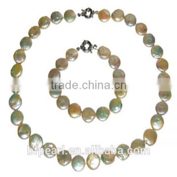 20" 12mm Champagne cheap Freshwater Coin Pearls Jewelry Set
