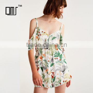 2017 sexy V-neck and bare shoulder ladies short floral printed jumpsuit