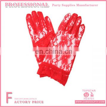 Red Wrist Length Lace Gloves With Flower Pattern