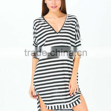 2015 Summer/Autumn Women Asymmetrical Knee Length Black White Striped V Neck Loose Dress