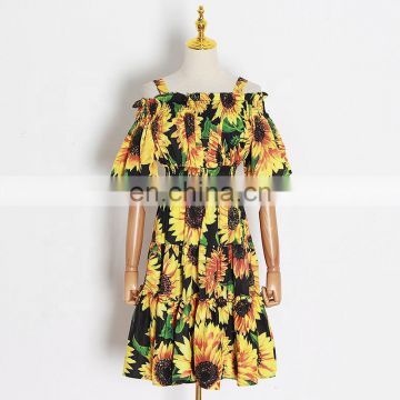 TWOTWINSTYLE Print Hit Color Square Collar Off Shoulder Half Sleeve High Waist Mini  Women's Dress