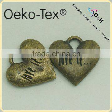 heart shape alloy labels and tags with antic brass color