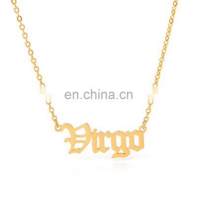 Hot sale customized stainless steel zodiac sign necklace, Old English font,18 K gold plated, rose gold, silver