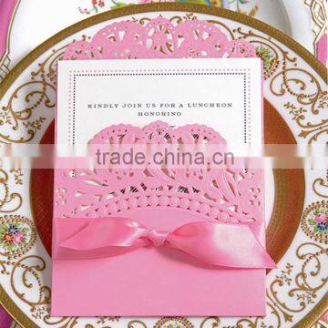 Lovely & handmade pink laser cut cheap wedding invitation cards with ribbpn for wedding