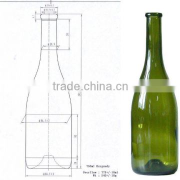 750ml corked green color glass wine bottle