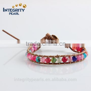 6mm natural mixed color agate leather rope bracelet, colourful bracelet, leather infinity bracelet