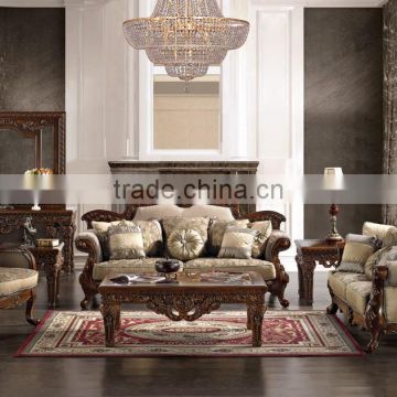 Royal French Style Luxury European Sofa Set Furniture/Cherry Wood Living Room Fabric Sofa (MOQ=1 Set)