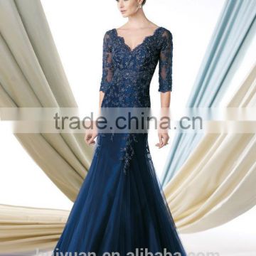 2015 new royal blue lace long sleeve v neck mother fashion dress