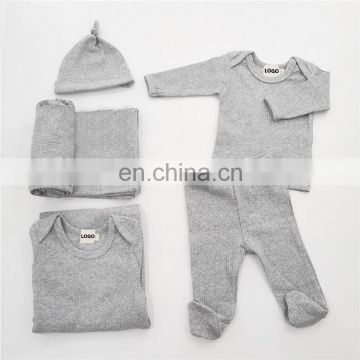 100% Organic Cotton Ribbed Clothing Gown Blanket Hat 4pcs Set New Born Baby Gift Set