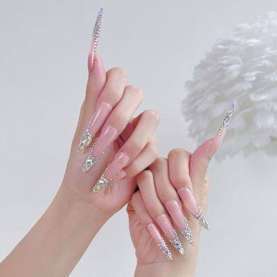 Cross-border European and American ins hand-made nail super long pointed French AB flash sticker diamond hot sale SUJB wholesale