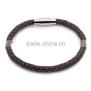 High Quality Fashion Brown Genuine Braided Leather Stainless Steel Mens Bracelets