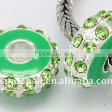 Alloy Rhinestone Beads, Enamel, Silver Metal Color, Rondelle, Green, about 14x6.5mm, hole: 5mm(ALRI-B003-6)