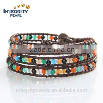 4mm natural multi color agate leather bracelet with gemstone, handmade bracelet, promotional bracelet
