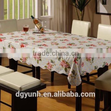 2015 Newest printed flower design plastic tablecloth with lace/waved/straight edge