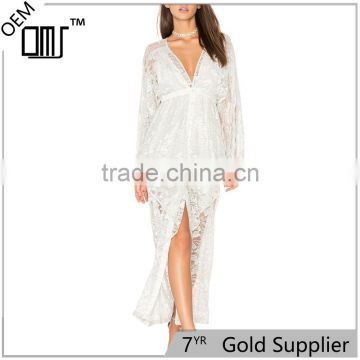 Button up long sleeve fancy lace dress bridal casual maxi robe