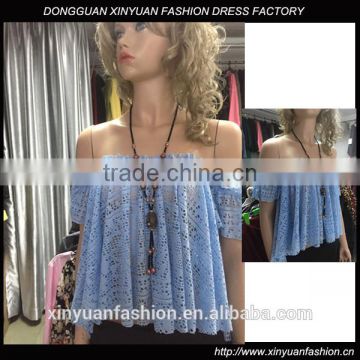 Wholesale sexy lady's eyelet mesh tops off shoulder tops bulk stock available