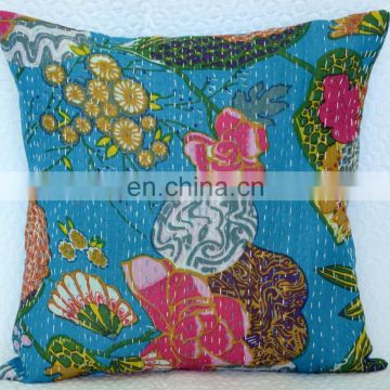 Kantha Cushion Pillow Cover Handmade Embroidery Work Throw 16" Indian floral Printed Home Decorative Traditional art Sky Blue