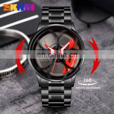 skmei 1990 Cool 3D Design Unique Sports Black Car Watch Men's Watch Quartz Spinning Waterproof Wrist Wheel Rim Watch