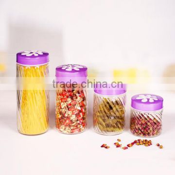 different size 4pcs embossing glass storage jar with purple flower lid