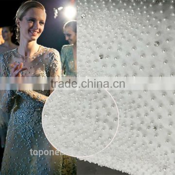 Fashion white beaded lace fabric/tulle beaded lace fabric wholesale with stones/lace evening dress