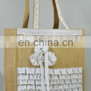 Jute Bag with Lace, Jute Shopping Bag with lace frills