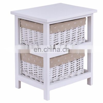 Bedside Table Wooden Wicker Nightstand Storage Unit With Rattan Basket White