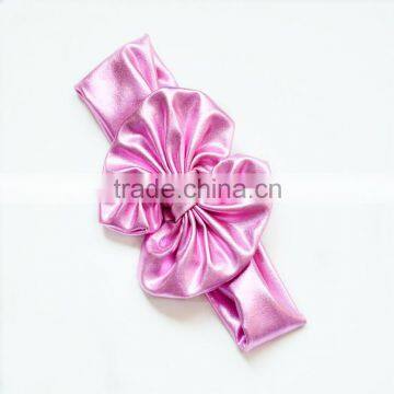 Whole pink color shinny fabric headwraps, Cheap Fold Over Elastic,metallic messy bow headwrap