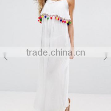 China Guangzhou clothing OEM white Sleeveless rainbow pompons women beach pompons Dress