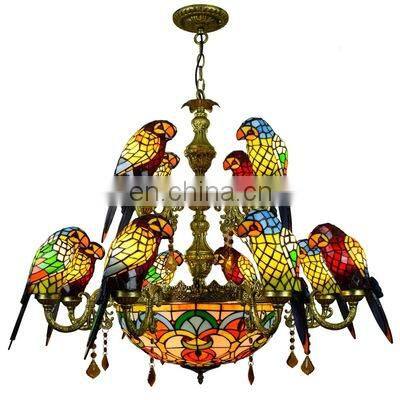 European Creative Retro Tiffany Stained Nar Restaurant Living Room Bird Glass Parrot Chandelier Light