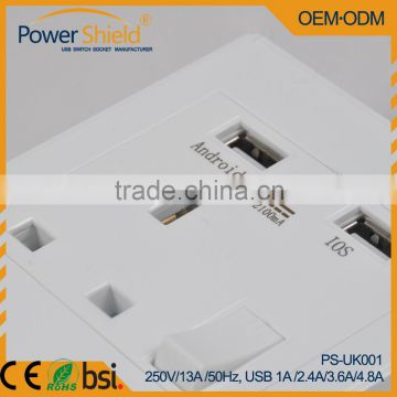 UK Standard Wall Power charger 230V 13A with 2 USB output 4.8Amp Phosphor Bronze material for Hotel/Residential /Airport/bank