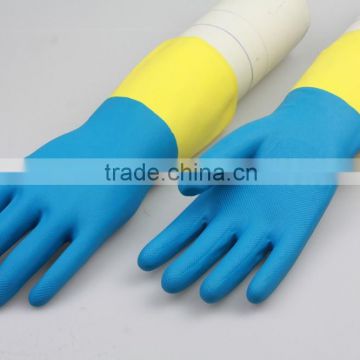 Bi-color rubber unlined or flockined household latex glove/Multi-use rubber glove