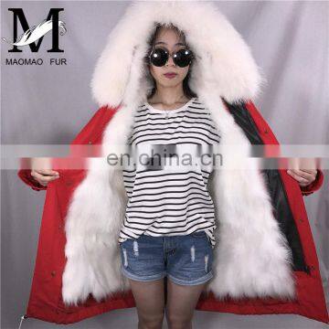 2017 Wholesale Custom Raccoon Fur Coat for Women / Women Autumn Winter Real Raccoon Fur Hood Red Fur Coat