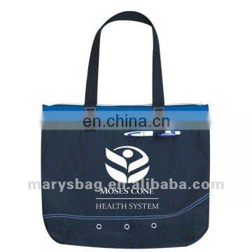 polyester bag with clear zipper and contrasting white stitches with metal decor