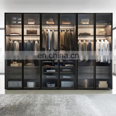 Bedroom storage cabinet glass door wooden closet Modern wardrobe on sale