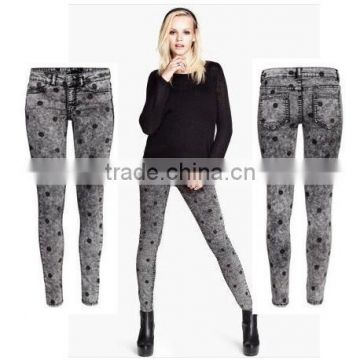 2016 Fashion black speckle printing women skinny denim jeans