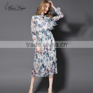 Maxnegio elegant maxi long sleeve office chiffon pleated maxi dress
