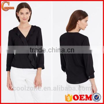 2015 new collection blouse 100% polyester dissymmetry front lady blouse