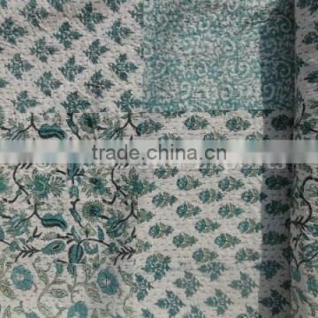 Handmade Cotton Patchwork Kantha Quilt, Hand Block Printed Bedspread