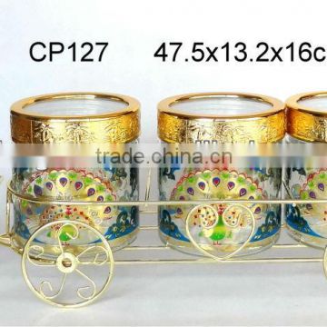 CP127 3pcs glass jar set with metal rack and decal printing