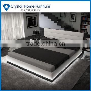 Contemporary White Leather Platform Bed with Lights