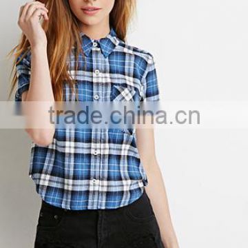 100% Cotton Short Sleeve Boxy Plaid Women Shirt