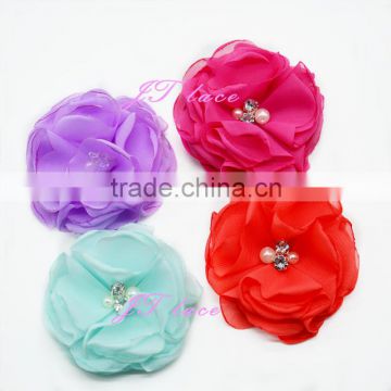 Lavender/hot pink/aqua/red fabric flower - shabby flower with 2 small pearl and 2 small rhinestone centre