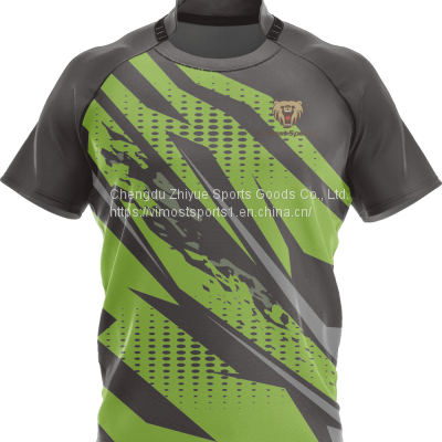 Custom Sublimation Green and Grey Rugby Jersey with Short Sleeves