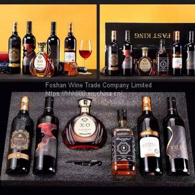 Six red wines in a box. Cabernet Sauvignon dry red wine in a box. French wine imported whisky brandy as a gift