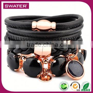 2016 Hot Selling Product Black Gemstone Charm Leather Woven Bracelet
