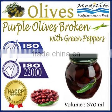 High Quality 100% Tunisian Table Olives,Purple Olives Broken with Green Peppers, Purple Olives 370 ml Glass Jar