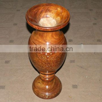 Wooden Hand Carved Large Flower Vase with Brass Work