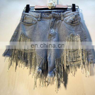 Wholesale custom summer new style ripped high waist rhinestone tassel chain slim slim straight denim shorts women