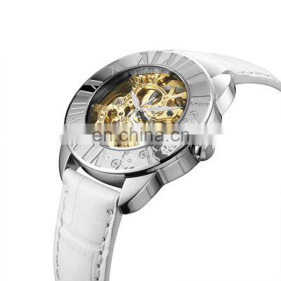 Customized Low MOQ Ladies Automatic Watch Wrist OEM White Genuine Leather bands Mechanical Watch Luxury