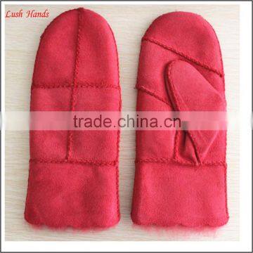 fashion Red grils sheepskin leather mitten double face leather gloves